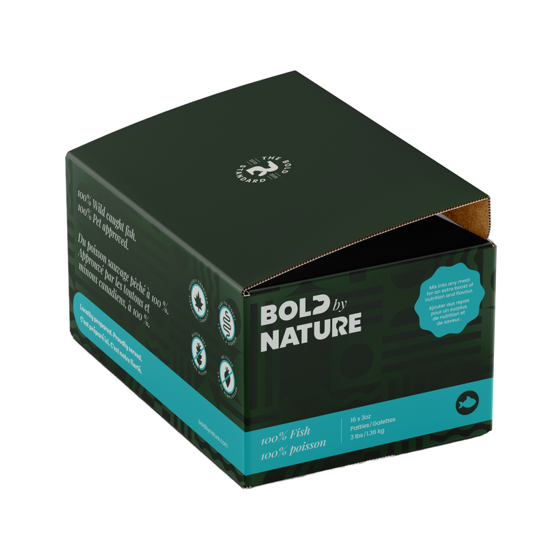 Load image into Gallery viewer, Box with 'Bold by Nature 100% Fish' pet food topper on a white background