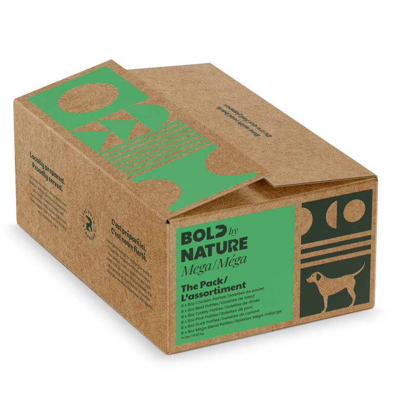 Load image into Gallery viewer, Cardboard box with green and brown design 'Bold by Nature Mega The Pack 6-Meat Variety' on a white background