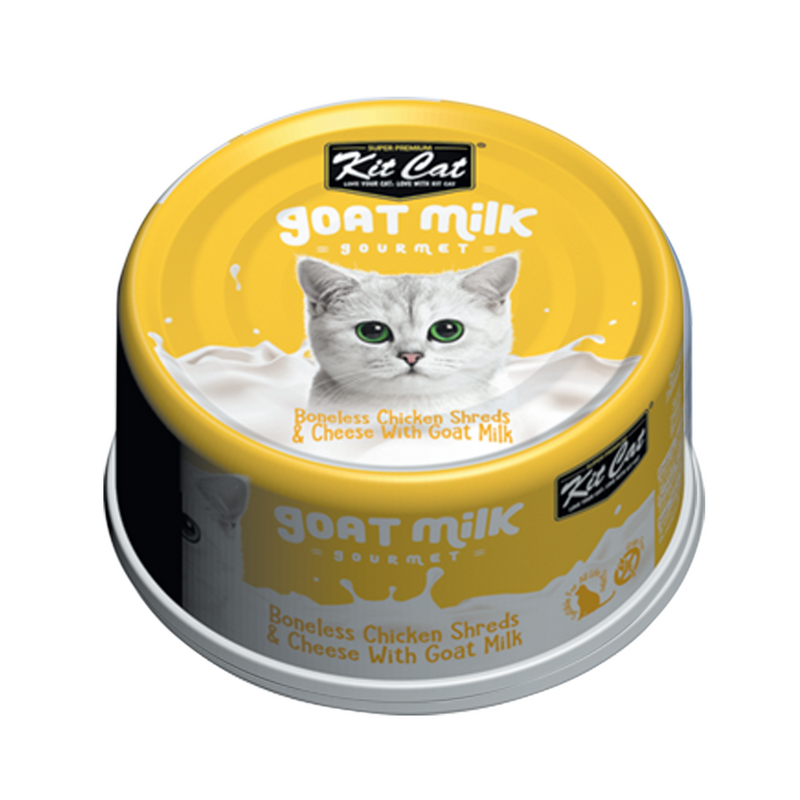 Load image into Gallery viewer, Kit Cat Goat Milk Gourmet Boneless Chicken Shreds & Cheese Wet Cat Food - 70g x 24 Pack