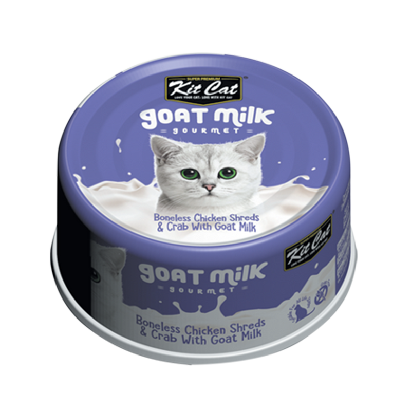 Load image into Gallery viewer, Kit Cat Goat Milk Gourmet Boneless Chicken Shreds & Crab Wet Cat Food - 70g x 24 Pack