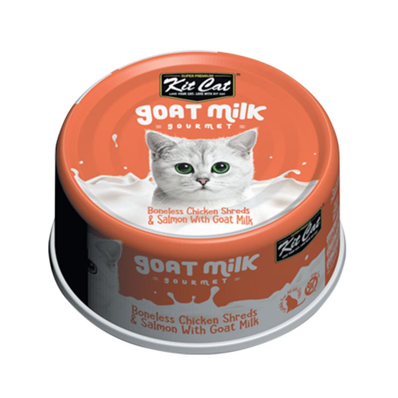 Load image into Gallery viewer, Kit Cat Goat Milk Gourmet Boneless Chicken Shreds & Salmon Wet Cat Food - 70g x 24 Pack