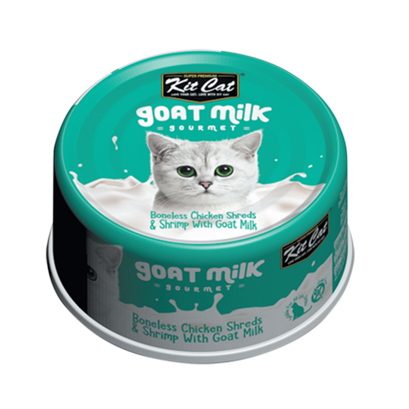 Load image into Gallery viewer, Kit Cat Goat Milk Gourmet Boneless Chicken Shreds & Shrimp Wet Cat Food - 70g x 24 Pack