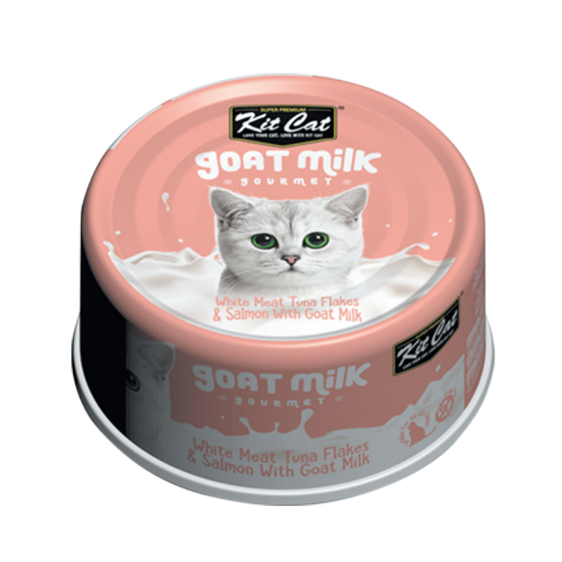 Load image into Gallery viewer, Kit Cat Goat Milk Gourmet White Tuna Flakes & Salmon Wet Cat Food - 70g x 24 Pack