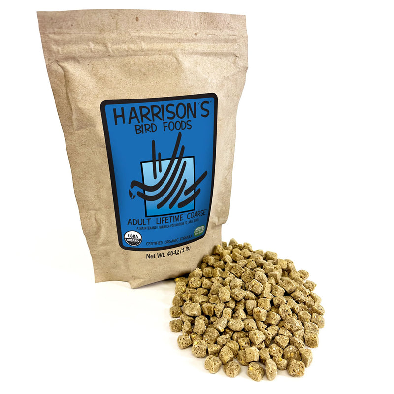Load image into Gallery viewer, Harrison's Lifetime Coarse Bird Foods package 1lb with bird food on a white background