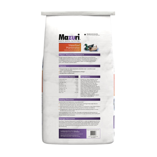 Mazuri Waterfowl Maintenance Diet 25lbs packaging rear of back on a white background
