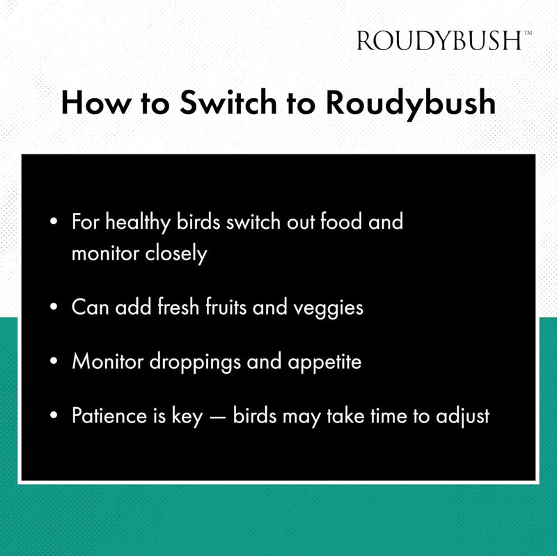 Load image into Gallery viewer, Instructions on how to switch to Roudybush for birds, displayed on a black background with white text.