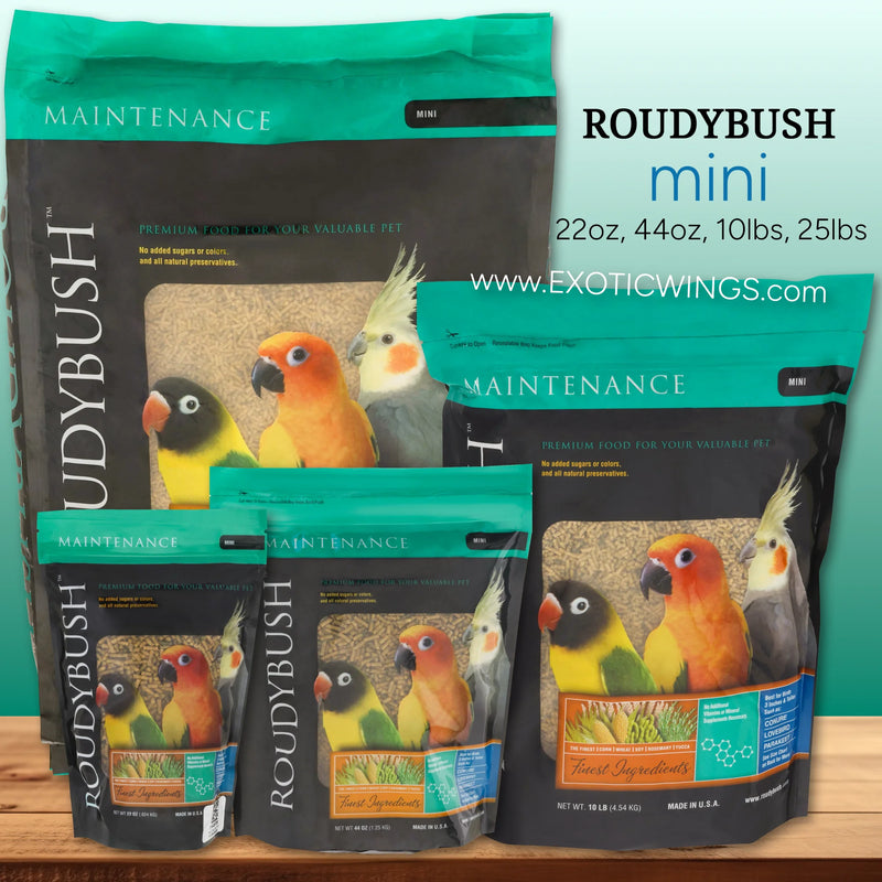 Load image into Gallery viewer, Roudybush mini bird pellets bag sizes available at Exotic Wings - 22 oz, 44 oz, 10 lb, 25 lb