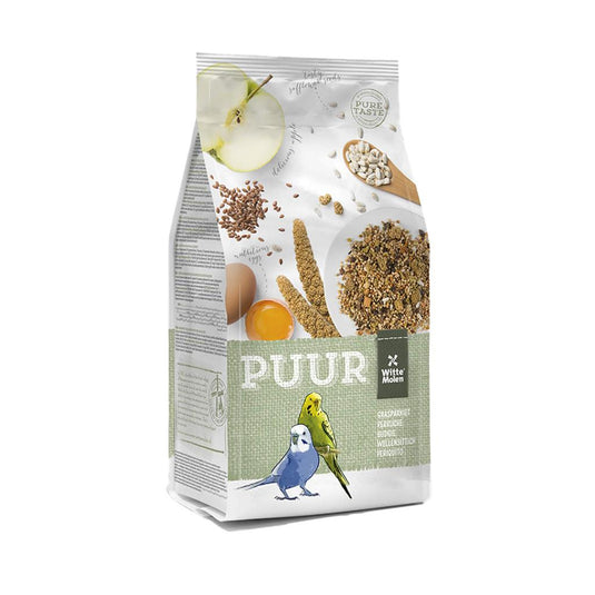 A package of Witte Molen Puur Gourmet Budgie Seed Mix with images of seeds, fruits, and a budgie bird on the front.