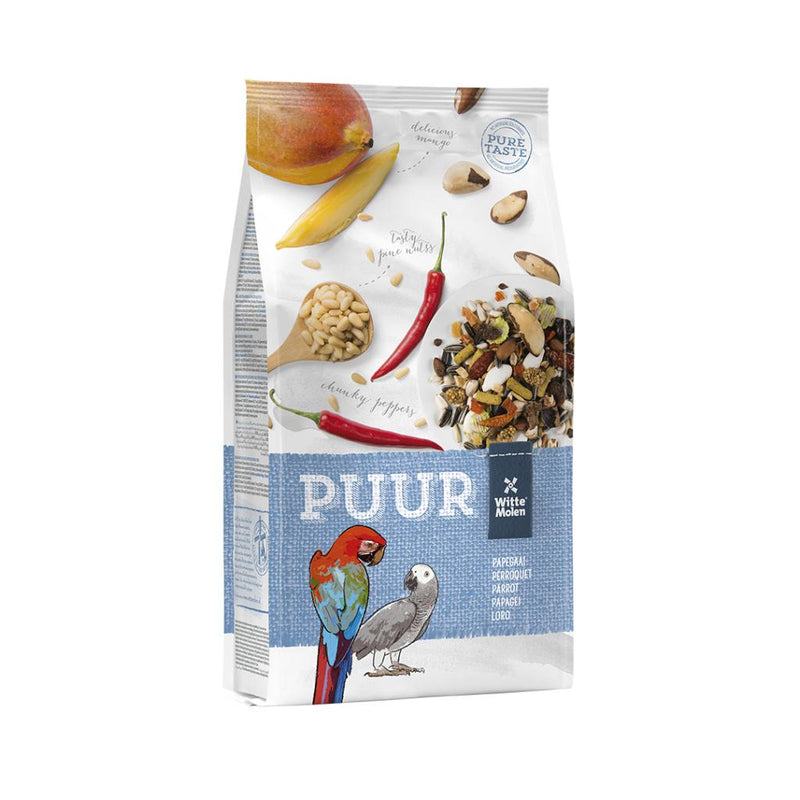 Load image into Gallery viewer, A bag of Witte Molen Puur Parrot Seed Mix featuring images of parrots, seeds, nuts, and spices on a white background.