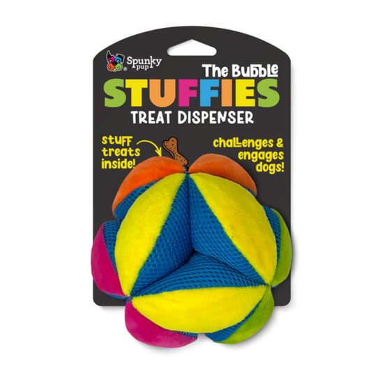 Colorful ball-shaped treat dispenser for dogs on a white background