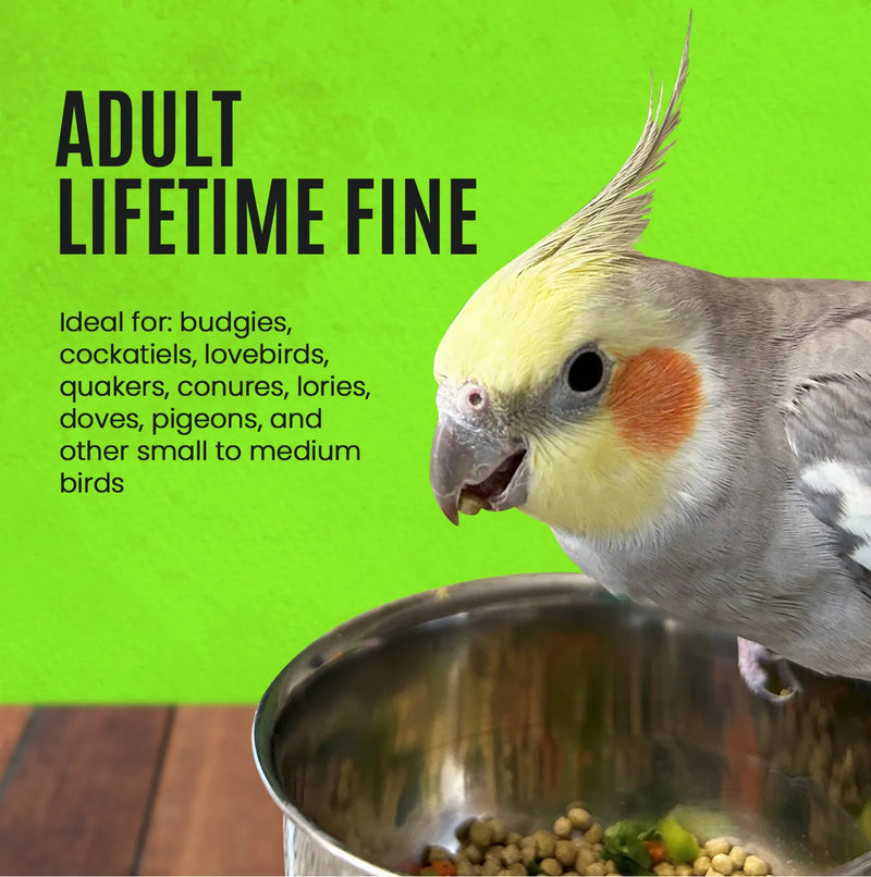 Load image into Gallery viewer, Cockatiel bird near a metal bowl with text on a green background. "Adult Lifetime Fine". "Ideal for; budgies, cockatiels, lovebirds, conures, quakers, doves, pigeons and other small to medium birds".
