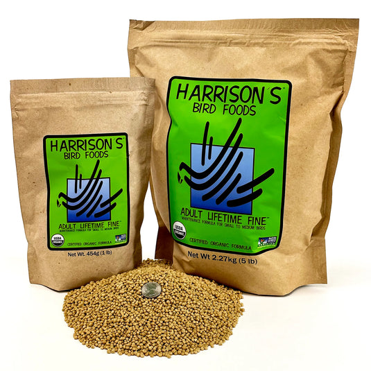 Two bags of Harrison's Bird Foods Adult Lifetime Fine 1lbs and 5lbs