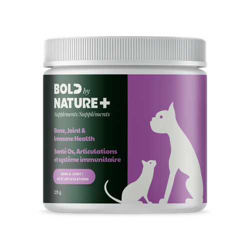 Supplement jar for pets with 'Bold by Nature+' branding on a white background