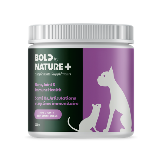 Supplement jar for pets with 'Bold by Nature+' branding on a white background