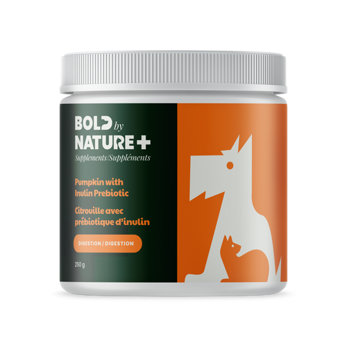 Supplement jar labeled 'Bold by Nature+' with a dog and cat illustration on an orange background.