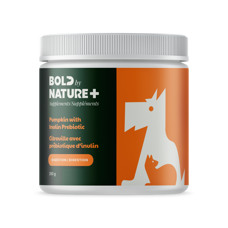 Load image into Gallery viewer, Supplement jar labeled &#39;Bold by Nature+&#39; with a dog and cat illustration on an orange background.
