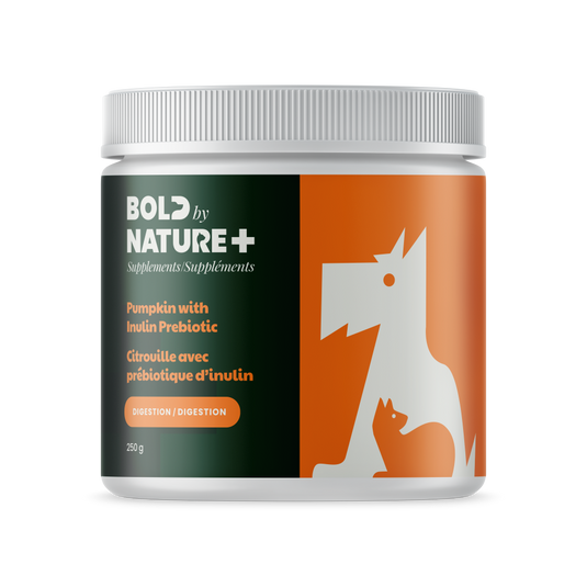 Supplement jar labeled 'Bold by Nature+' with a dog and cat illustration on an orange background.
