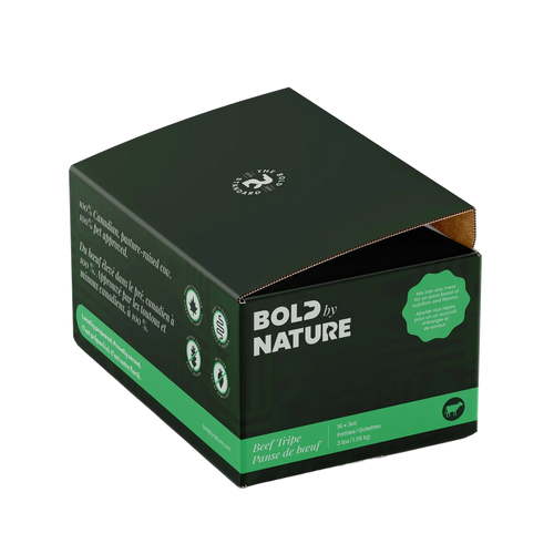 Box of 'Bold by Nature Beef Tripe' pet food topper on a white background
