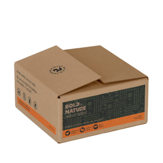 Brown cardboard box with 'Bold Nature Chicken Butcher's Box' branding on a white background