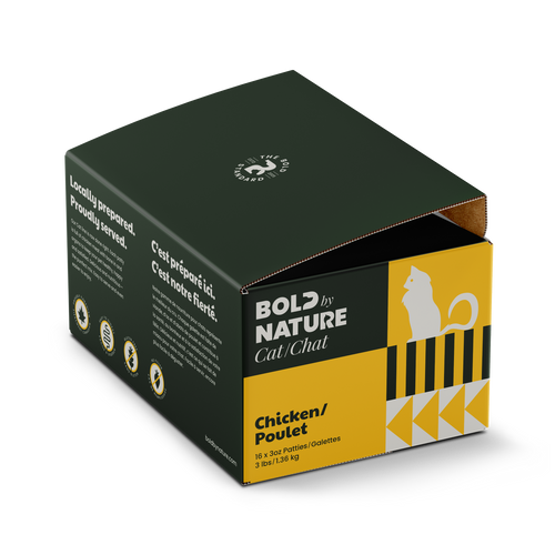 Box of Bold by Nature cat food with chicken flavor on a white background