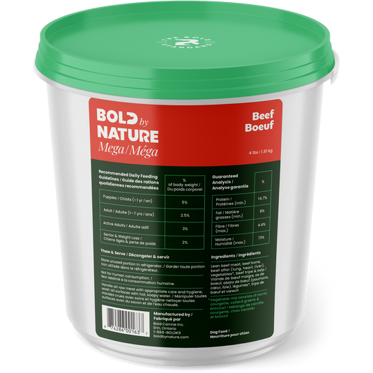 Container of Bold by Nature Beef product with green lid and label