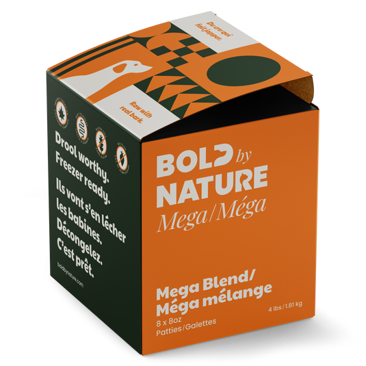 Box of Bold by Nature Mega Blend pet food on a white background