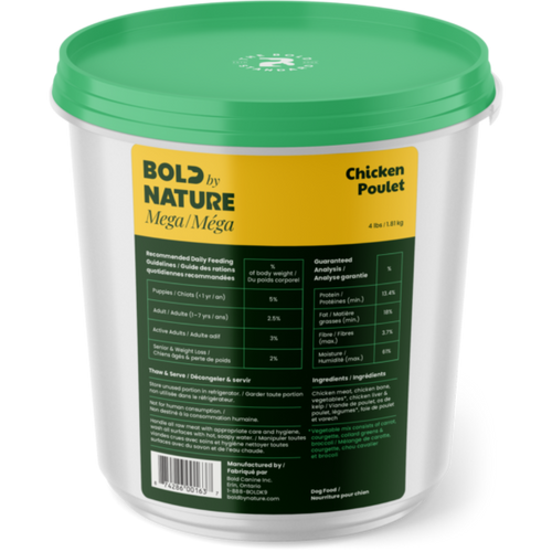 Container of Bold by Nature Chicken Poulet dog food with green lid and label.