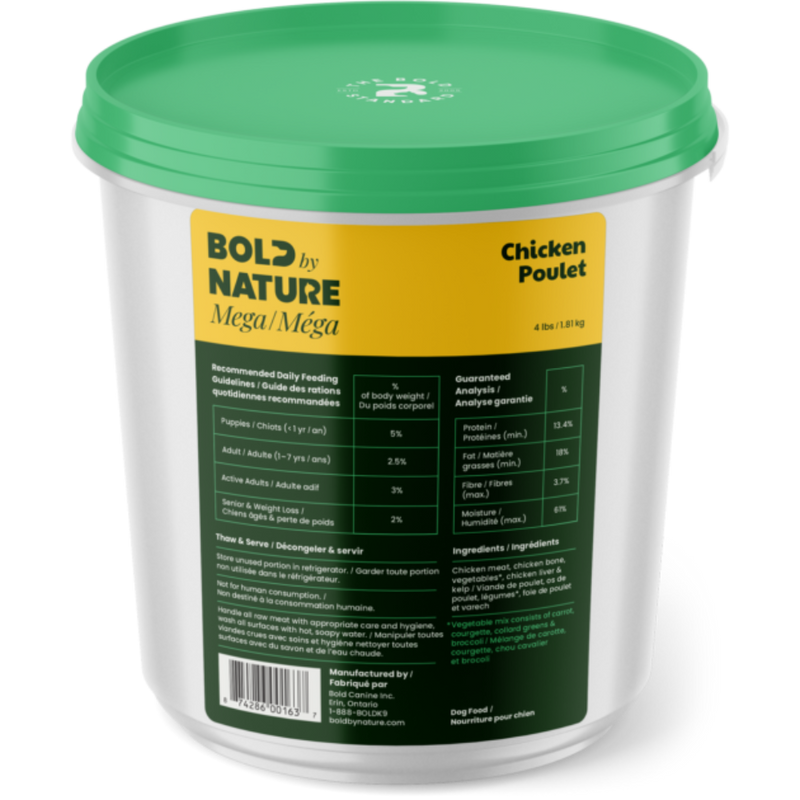 Load image into Gallery viewer, Container of Bold by Nature Chicken Poulet dog food with green lid and label.
