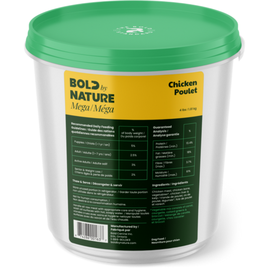 Container of Bold by Nature Chicken Poulet dog food with green lid and label.