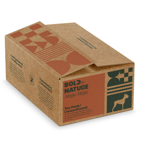 Cardboard box with 'Bold by Nature Mega The Pack Non-Chicken' text on a white background