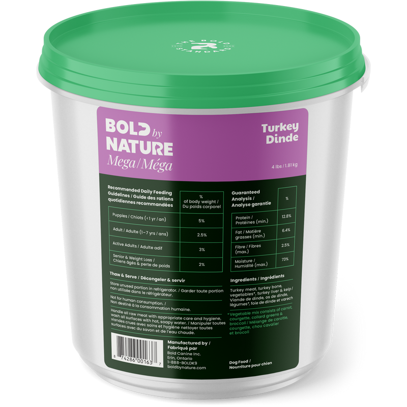 Load image into Gallery viewer, Container of Bold by Nature Mega turkey product with green lid and label.
