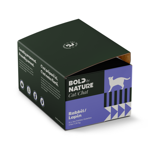 Box of Bold by Nature cat food with black and purple design on a white background