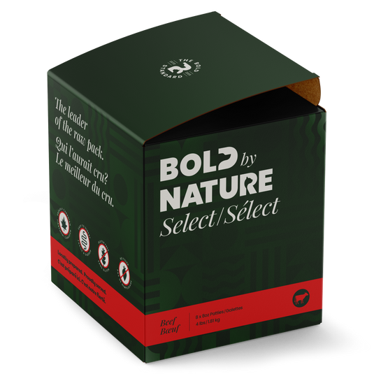 Box with 'Bold by Nature Select Beef' branding on a white background