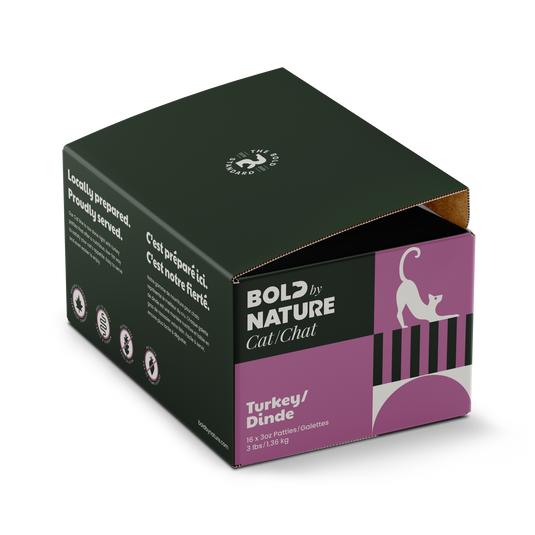 Cat food packaging box with 'Bold by Nature Turkey Cat' branding on a white background