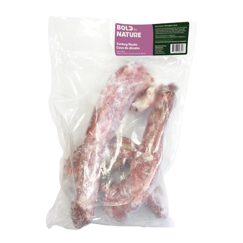 Bag of turkey necks with 'Bold by Nature' label on a white background