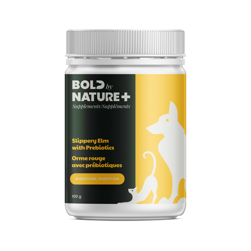 Supplement jar labeled 'Bold by Nature+' with a dog illustration on a white background