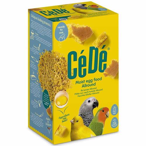 Box of Cédé moist egg food for birds on a white background