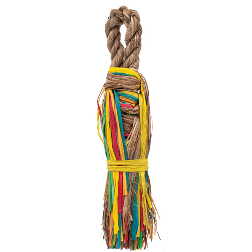 Colorful braided toy with multicolored strands on a white background