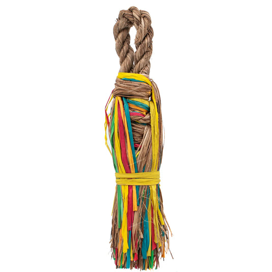 Colorful braided toy with multicolored strands on a white background