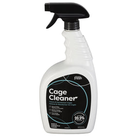 A white spray bottle labeled 'Enviro Fresh Cage Cleaner' with black spray nozzle, indicating it kills 99.9% of bacteria and is suitable for cleaning bird cages.