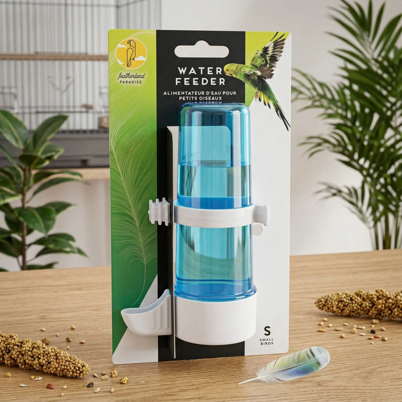 Load image into Gallery viewer, Packaged water feeder for small pets on a wooden surface with plants in the background
