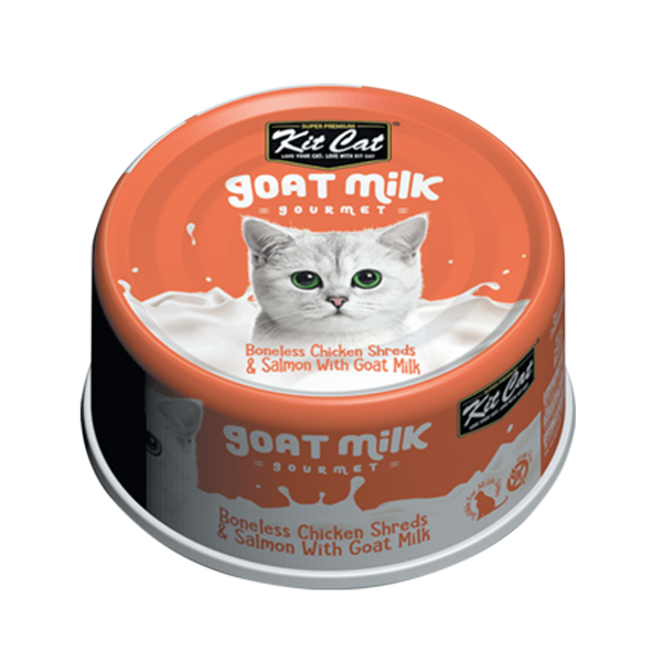 Kit Cat Goat Milk Gourmet Boneless Chicken Shreds & Salmon Wet Cat Food - 70g x 24 Pack