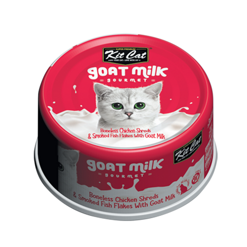 Kit Cat Goat Milk Gourmet Boneless Chicken Shreds & Smoked Fish Wet Cat Food - 70g x 24 Pack