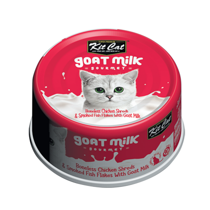 Kit Cat Goat Milk Gourmet Boneless Chicken Shreds & Smoked Fish Wet Cat Food - 70g x 24 Pack
