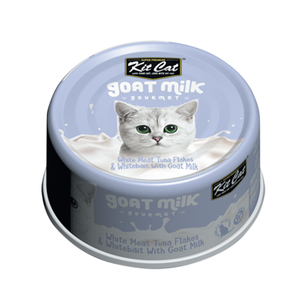 Kit Cat Goat Milk Gourmet White Meat Tuna Flakes & Whitebait Wet Cat Food - 70g x 24 Pack
