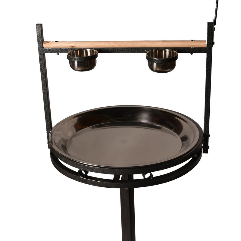 Load image into Gallery viewer, Parrot playstand with wooden perch, stainless steel bowls, and removable stainless steel tray
