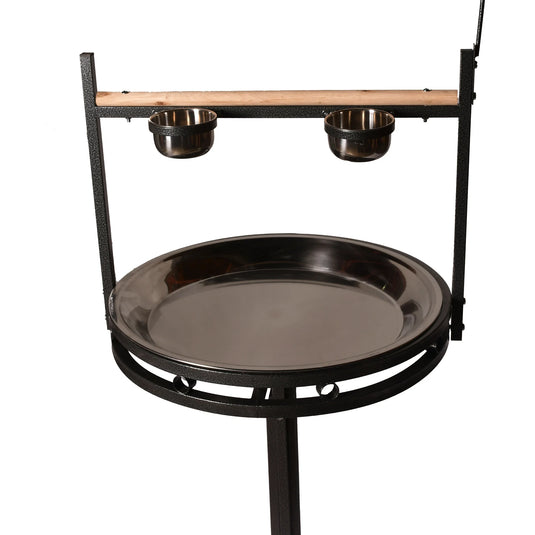 Parrot playstand with wooden perch, stainless steel bowls, and removable stainless steel tray