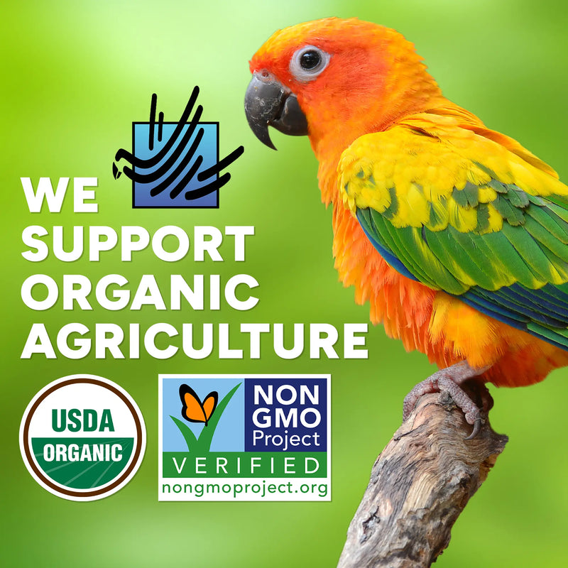 Load image into Gallery viewer, Colorful parrot on a branch with organic agriculture support text and logos on a green background
