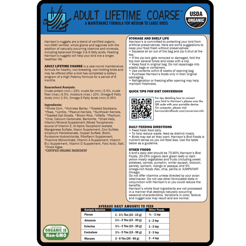 Load image into Gallery viewer, Harrison's Lifetime Coarse bird food packaging label with text and QR code on a white background
