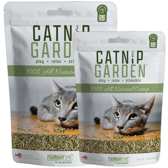 Two packages of Catnip Garden catnip with a cat on the label.
